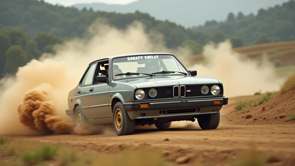 Driver executing controlled slide on gravel track with dust cloud and precision line