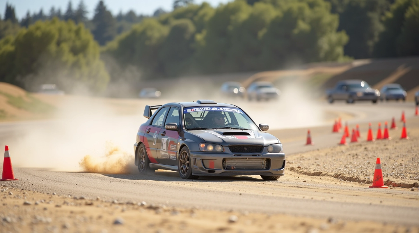 Adult rally driver training on gravel track surface with cones and marked course