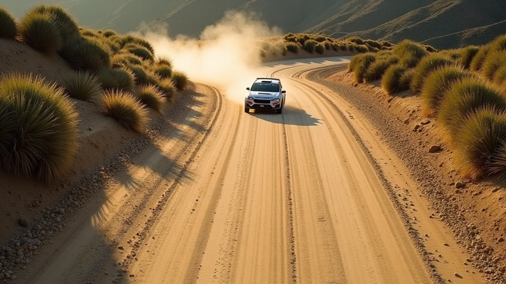 Gravel track course near Fremont showing marked rally stage, cones and turns, aerial perspective