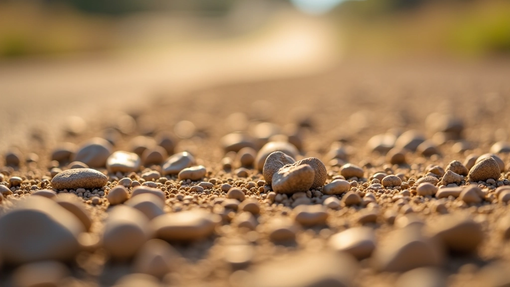 Gravel track surface close-up, loose stones, natural lighting