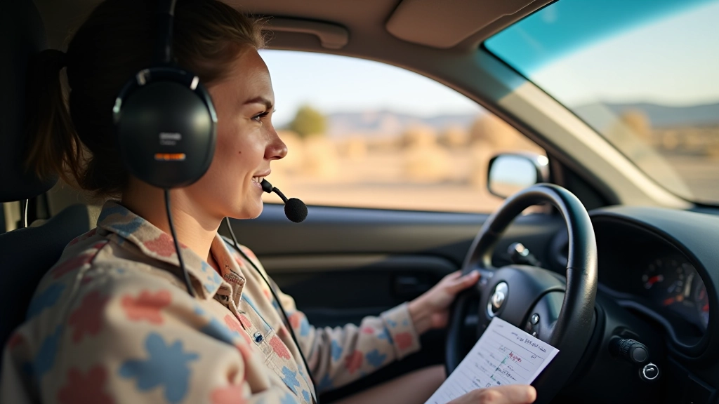 Close-up view of co-driver in rally car with pace notes and communication headset during stage