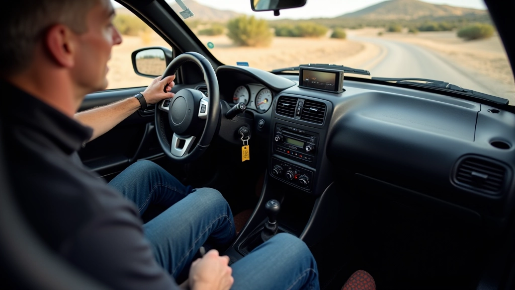 Close-up view of rally car cockpit showing steering wheel, pedals, and center console