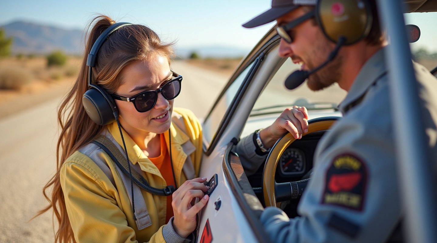Co-driver and driver communicating during a rally stage on gravel surface with professional equipment and focus