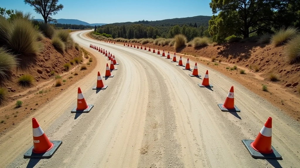 Training session setup showing multiple cones arranged for progressive cornering drills on gravel surface