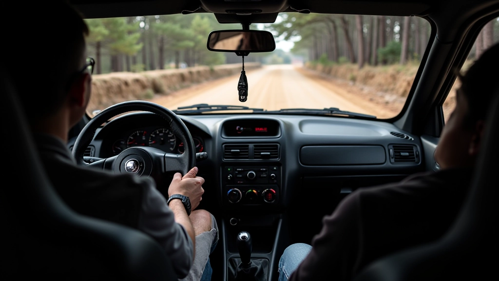 Interior cockpit view of rally car showing controls and instrumentation