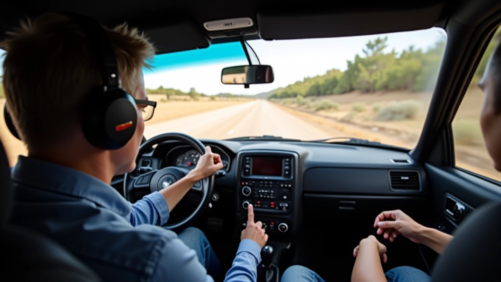 Interior view of rally car during stage showing co-driver with headset communicating with driver at speed