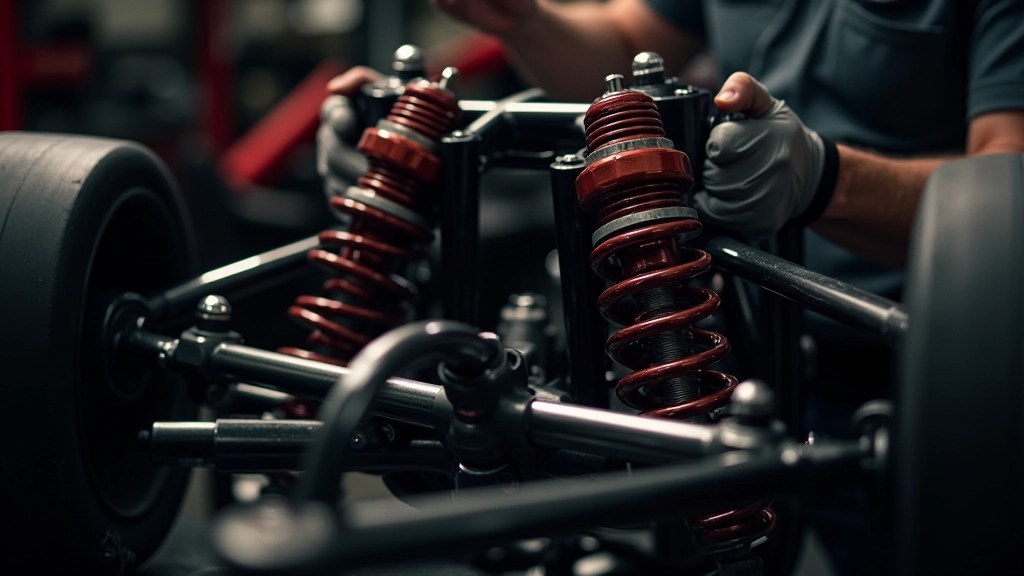 Rally car suspension system, springs and dampers visible, mechanical detail