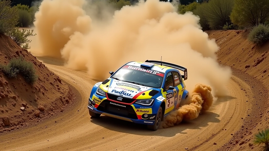 Overhead view of rally car accelerating through gravel corner with rear sliding
