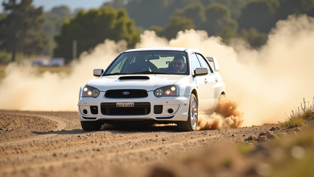 Rally car braking hard on gravel surface with visible dust cloud