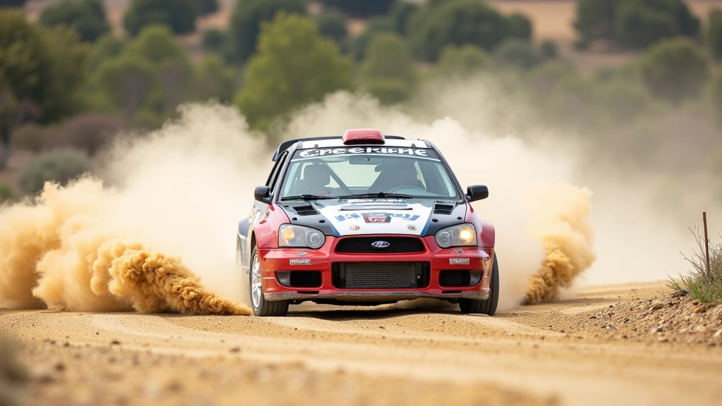 Rally car cornering on loose gravel surface