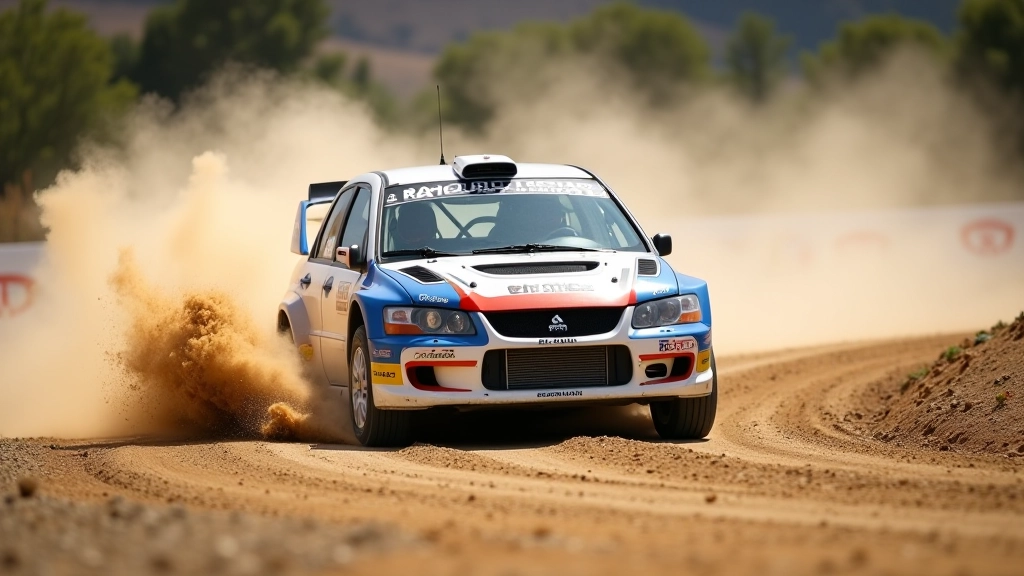Rally car cornering on loose gravel surface with visible dust