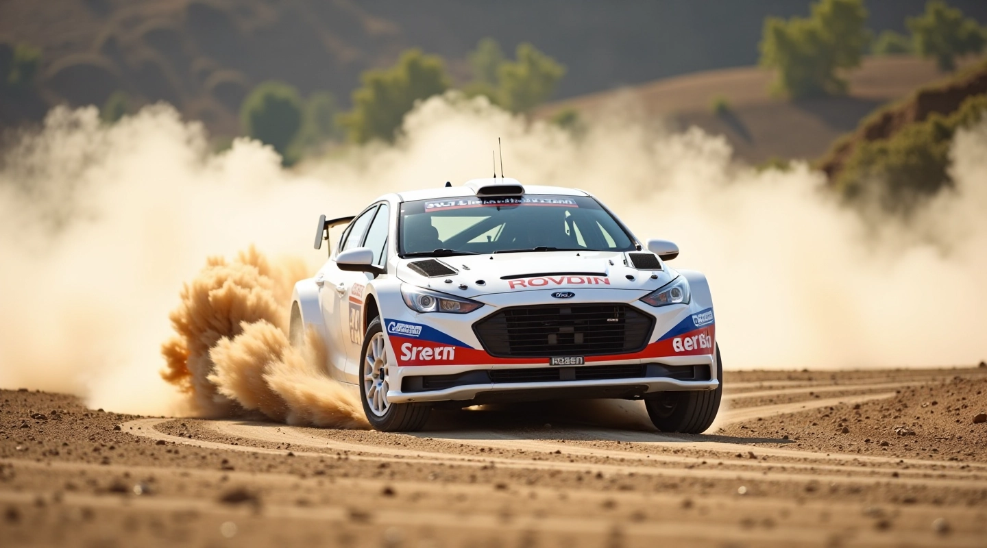 Rally car demonstrating loose surface cornering technique on gravel track with dust clouds and professional setup