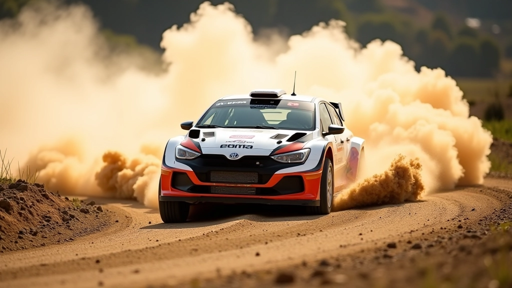 Sequential frames showing rally car progression through gravel corner with visible dust trail and vehicle angle changes through apex