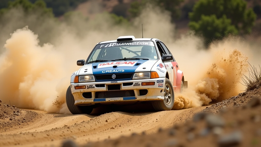 Rally car navigating loose surface corner with visible load transfer and steering input