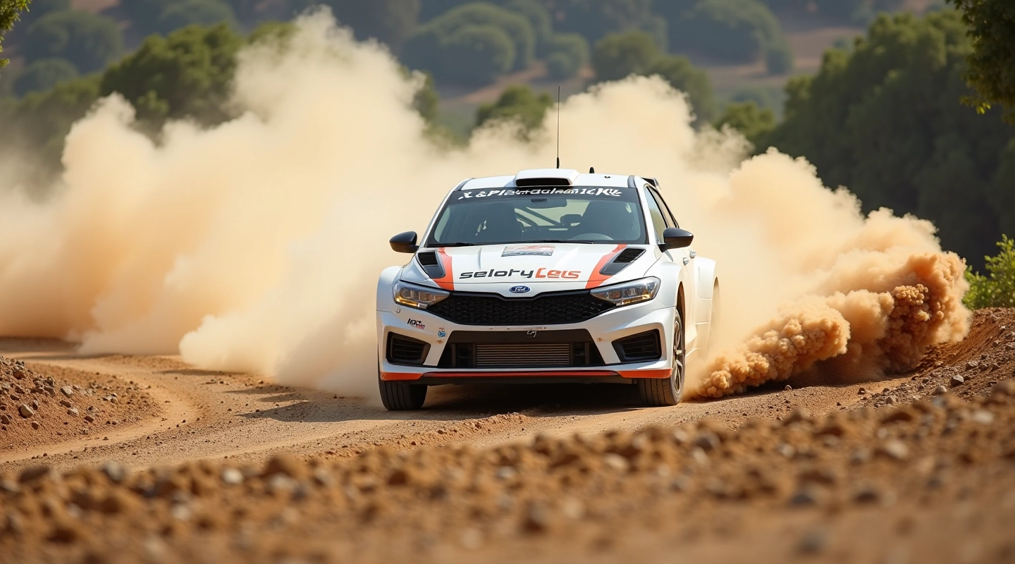 Rally car on gravel track, tight corner, dust visible, action shot