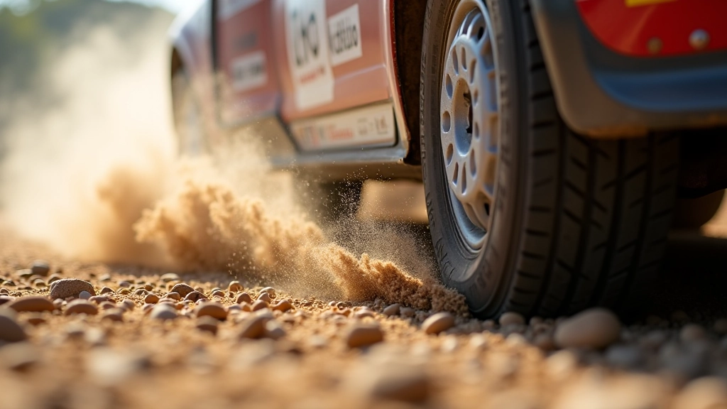 Close-up view of rally car tires on gravel surface showing tread pattern and dust displacement during cornering maneuver
