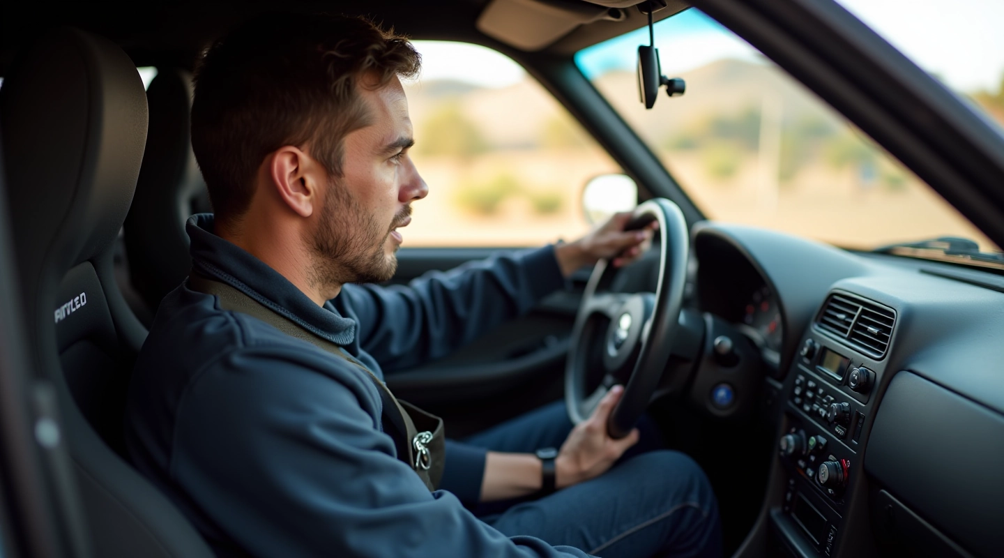 Rally driver in cockpit familiarizing with car controls and dashboard layout