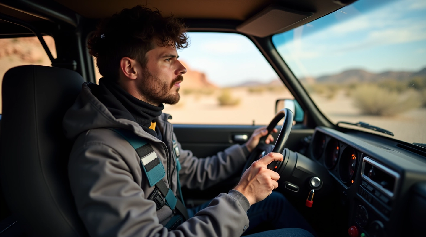 Professional rally driver at steering wheel during gravel track training session, California landscape background, action shot