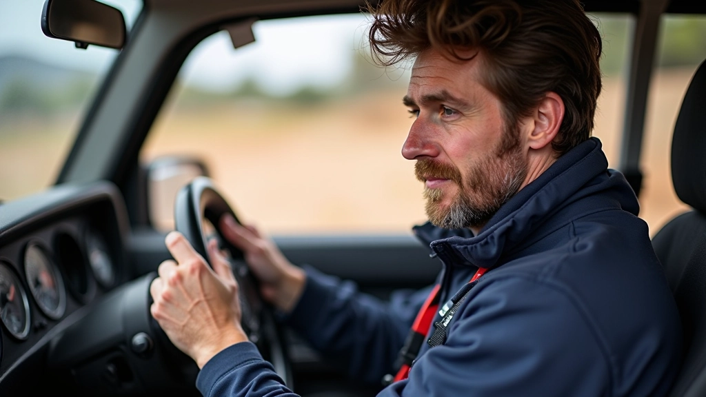 Rally driver hands on steering wheel during gravel stage with focused expression