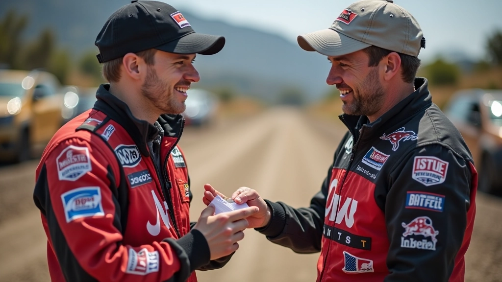 Rally team driver and co-driver reviewing stage performance and communication notes after competition
