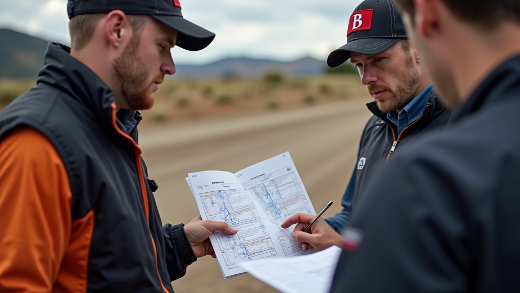 Rally team reviewing printed pace notes at team base before event with maps and reference materials