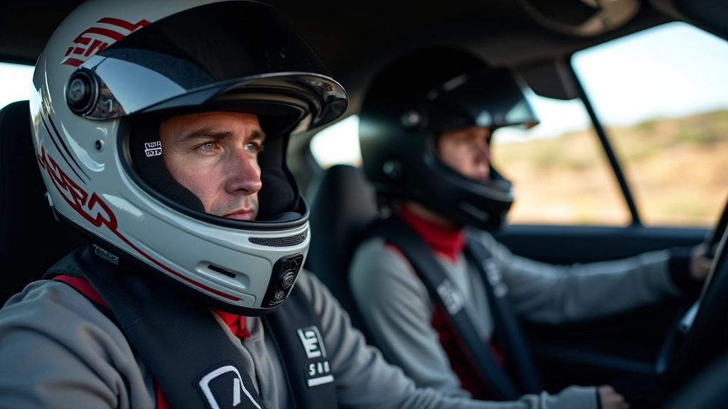 Driver and co-driver in rally car, helmets visible, focused expressions, interior shot
