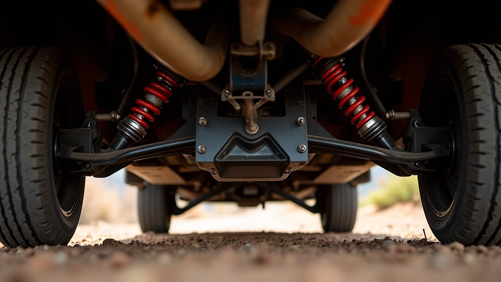 Underside view of rally car suspension components and spring setup