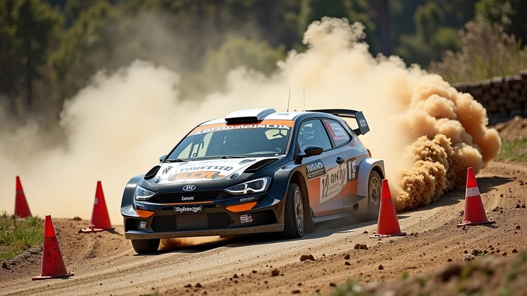 Rally car navigating through a sequence of cones marking the optimal racing line on gravel